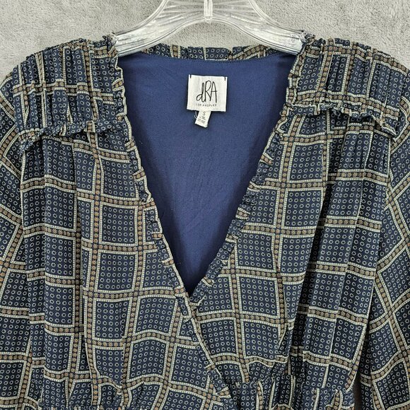 dRA Los Angeles Cicero Wrap Dress S Blue Brown Ruffled Lined Long Sleeve Retro - Picture 5 of 15